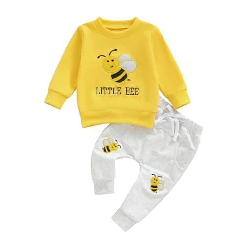 Image of MAHUAOYIXI Toddler Boys Outfits 18-24 Months Long Sleeve O Neck Letters Bee Embroidery Sweatshirts Pullover Tops and Bee Pattern Pants 2Pcs Set Baby Boy Tracksuit 2-3 Years (Yellow, 12-18 Months)