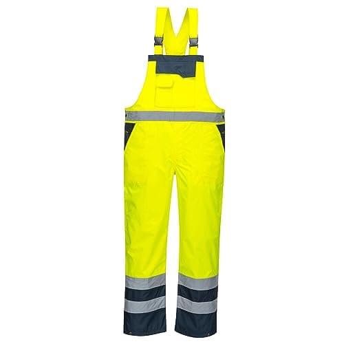Image of Portwest S488 Waterproof Bib and Brace Overalls Hi Vis Mens Waterproof Work Trousers Overtrousers Rain Dungarees Reflective Utility Pockets, Yellow/Navy, M
