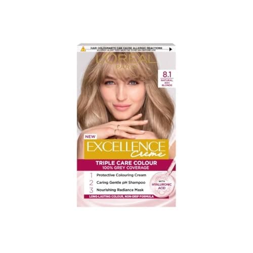 Image of L'Oréal Paris Excellence Crème Permanent Hair Dye, Radiant At-Home Hair Colour with up to 100% Grey Coverage, Pro-Keratin, Up to 8 Weeks of Colour, Colour: 8.1 Natural Ash Blonde