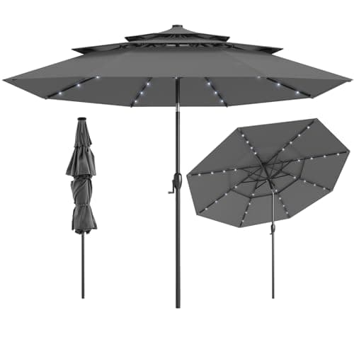 Image of COSTWAY 3M 3-Tier Garden Parasol, Heavy Duty 8-Ribs Solar Patio Umbrella with 32 LED Lights, Crank Handle & Tilt Function, Outdoor UV Protective Canopy Sun Shade (Gray, no Ruffled Edge)