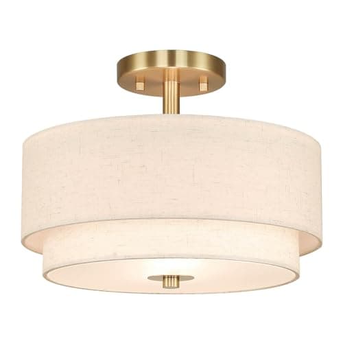 Image of XiNBEi Drum Semi Flush Light, Brass Living Room Ceiling Light Modern 2-Light Close to Ceiling Lamp with Fabric Linen Shade for Bedroom & Hallway NL-SF1289-13BS