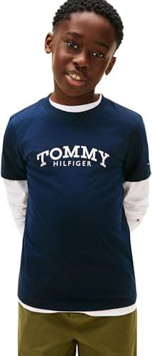 Image of Tommy Hilfiger Boy's MONOTYPE Print Graphic T-Shirt KB0KB10051 S/S T-Shirt, Blue (Dark Night Navy), 5 Years