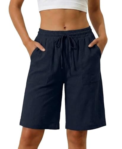 Image of PrinStory Shorts for Women UK Knee Length Bermuda Shorts Casual High Waisted Trousers Summer Loose Pant with Pockets Lightweight (Navy Blue, XL)