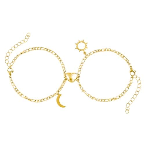 Image of XSDSLS 2 Pcs Heart Matching Magnetic Bracelets Stainless Steel Moon Sun Couple Bracelet Silver Gold Link Chain Bracelet Friendship Bracelet Magnetic Couple Bracelet Gifts for Couple Lover (Gold)