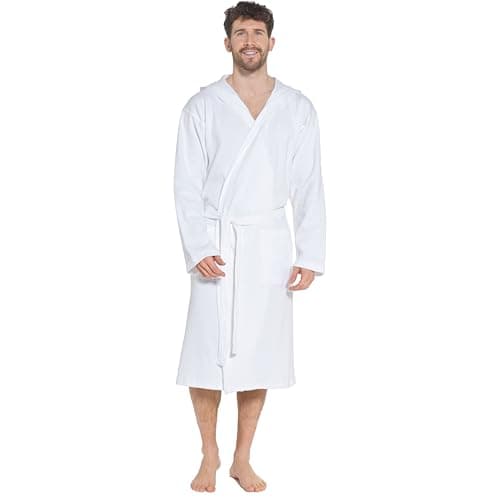 Image of Sock Stack Men's Hooded Waffle Robe Dressing Gown Bathrobe for Men Super Absorbent Cotton Robes Spa Perfect for Home & Loungewear, White L/XL
