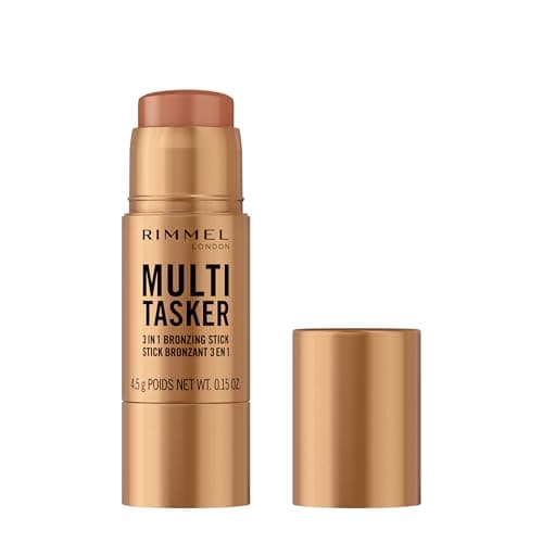 Image of Rimmel Multi Tasker 3 in 1 Bronzing Stick, 002 Medium, Sculpted and Bronzed Glow, All-Day Wear, Sheer and Dewy Finish, Infused with Vitamin C & E, Vegan Formula, Cruelty-Free