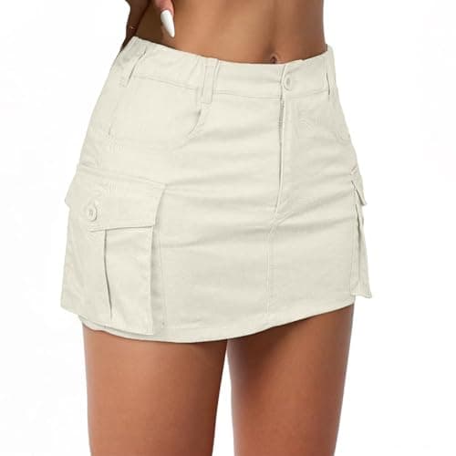 Image of Womens Mini Cargo Skirts Y2k Denim Skirt with Pockets Low Waist Button Jean Skirts for Women, Beige, M