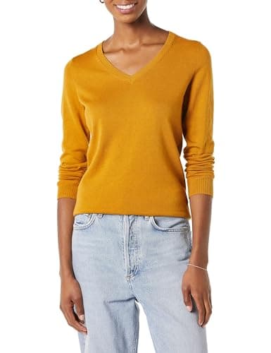 Image of Amazon Essentials Women's Regular-Fit Lightweight V-Neck Long-Sleeve Jumper (Available in Plus Size), Dark Golden Yellow, S