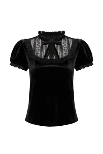 Image of Hell Bunny Mourning Top - Gothic Velvet Lace Collar Blouse, Victorian Stylish, Black, 2XL