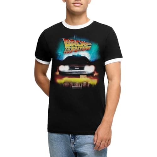 Image of Spreadshirt Back to The Future Delorean Destination Time Logo Men's Ringer Shirt, XXL, Black/White