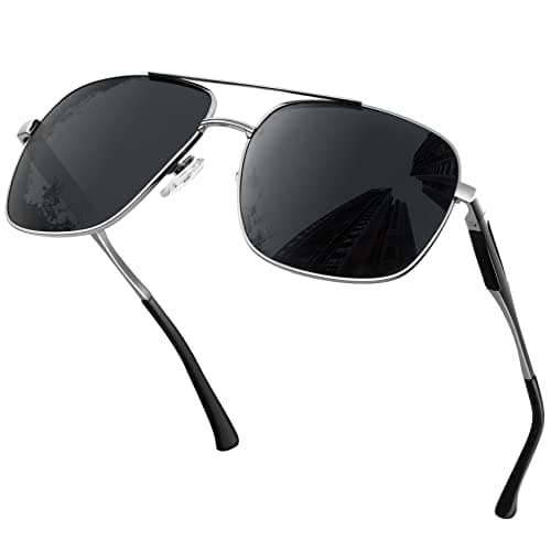 Image of KANASTAL Black Sunglasses Mens Womens Wide Square Polarised Metal Large Ladies Titanium Retro Business Oversized UV400 Protection - Silver Frame Black Lens