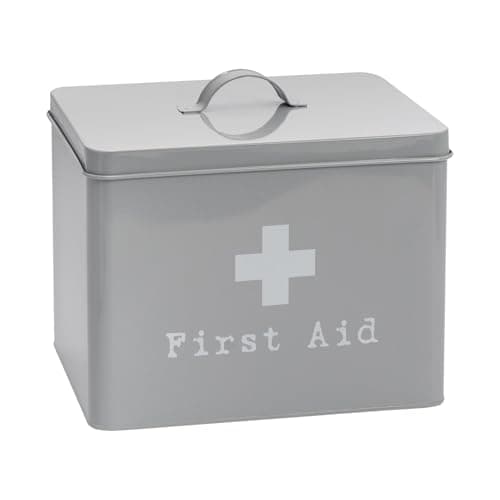 Image of Harbour Housewares Vintage Metal First Aid Box - 29cm - Grey - Medical Storage Tin with Airtight Lid, Handle & 2-Tier Removable Organiser Tray - Steel Medicine Storage Plasters, Pills & Essentials