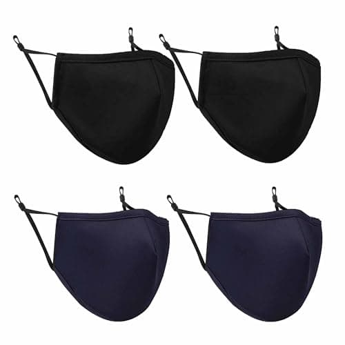 Image of RSYHVG UK 4 Pack Reusable Cotton Face Masks, 2 Navy Blue, 2 Black Mask with Nose Wire for Glass Wearers, 3-Ply Washable & Breathable Fabric with Filter Pocket & Adjustable Loops