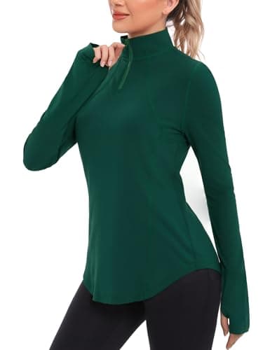 Image of Crewhpo Gym Tops Women Long Sleeve 1/4 Zip Running T-Shirt Golf Polo Shirts Workout Hiking Cycling Yoga Top Quick Dry Activewear with Thumb Holes Green