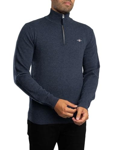 Image of GANT Men's Superfine Lambswool Half Zip Knit, Dark Navy Melange, XXL