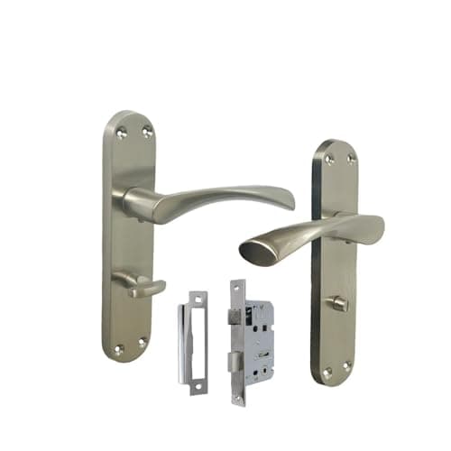 Image of Epsom Door Handle Satin Nickel Twist Door Handle Set Interior Latch Lever on Long Backplate in 1 or 2 Pairs Optional Sash Lock (1 Pair of Bathroom Handles Bathroom SASH Lock)