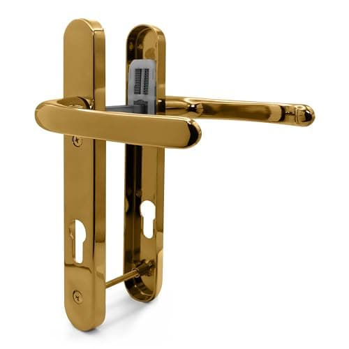 Image of TSS Polished Brass UPVC Door Handle Pair Set, Sprung, 92mm PZ (Centres), Lever Lever, 122mm Screw to Screw (Screw centres), Backplate 245mm x 34mm - Replacement PVC Door Handle in Polished Brass