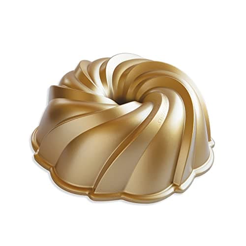 Image of Nordic Ware Swirl Bundt Pan, Cast Aluminium Tin, Cake Tin, Premium Cake Mould Made in The USA, Colour: Gold, 94077, 10 Cup Capacity