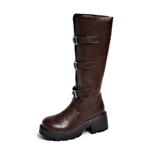 Image of Generisch 2026 Knee High Riding Boots with Buckle Detail Chunky Heel Comfortable Footwear, brown, 4 UK