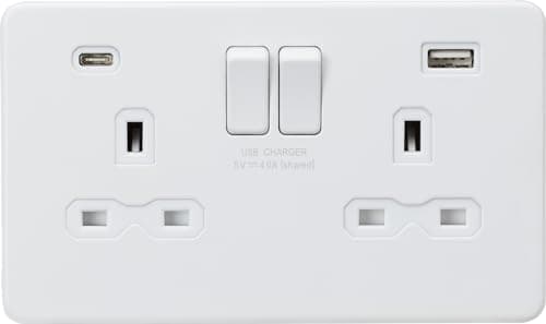 Image of Knightsbridge SFR9940MW 13A 2G SP Switched Socket with Dual USB A+C (5V DC 4.0A shared) - Matt White with White Insert