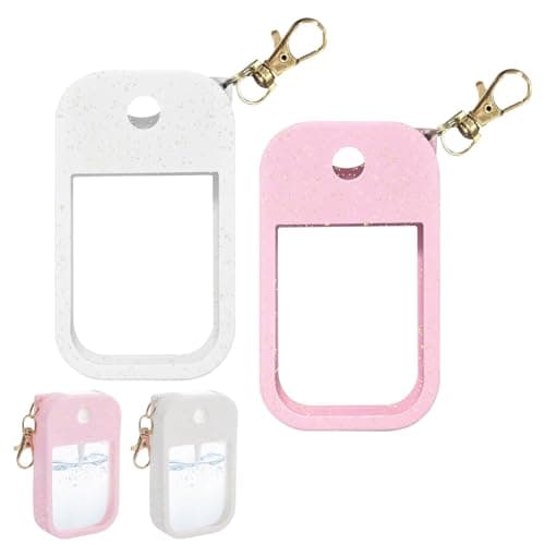 Image of ACKKOR 2 PCS Hand Sanitizer Spray Case, Hand Sanitizer Case Thickened Silicone with Incidentally Keychain Accessory for 1 Fl Oz/30ml for Travel Work School Portability (Pink and White)
