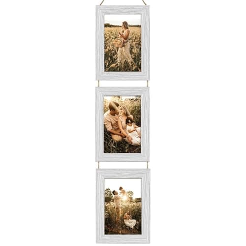 Image of Photo Frame with Twine 6x4, Wooden Hanging Multi 3 Photo Picture Frames, Multiple Photo Frame, Picture Frame Made of Solid Wood for Living Room or Office (White)