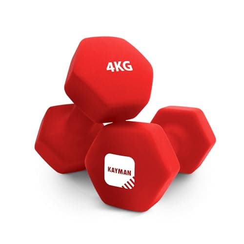 Image of KAYMAN Neoprene Dumbbells Pair with Anti-Slip Grip,Hex Edges,Water-Resistant Surface & Workout Poster-Weight Set for Home, Gym & Fitness (1kg 2kg 3kg 4kg 5kg 6kg 8kg 10kg) (2 x 4 Kg)