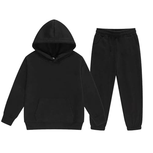 Image of Tracksuit Kids Full Set Boys Girls Plain Hoodies and Joggers Clothes Sets 2 Piece Activewear Cotton Track Suit Jogging Set Long Sleeve Hooded Winter Outfits Sweatsuits Black 6-7 Years