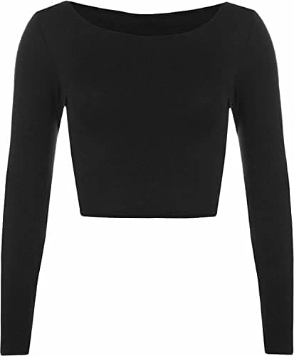 Image of Womens Crop Long Sleeve T Shirt Ladies Short Plain Basic Round Neck Shirts Top 8-14 (Black UK 12-14)