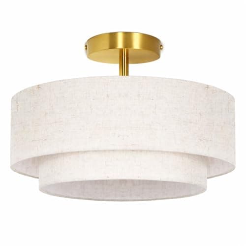 Image of OUTON 40cm Double Drum 3-Light Semi Flush Mount Ceiling Lights, Modern Ceiling Light with 2-Layer Linen Shade, Chandeliers Ceiling Lights for Living Room, Bedroom, Kitchen, Dining Room, Hallway, Gold