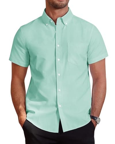 Image of J.VER Mens Short Sleeve Shirts Smart Casual Cotton Oxford Regular Fit Non Iron Work Button Down Summer Shirt Green L