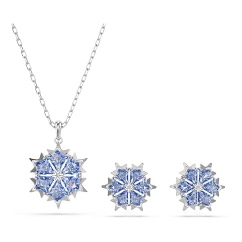 Image of Swarovski Magic Jewellery Set, Pendant Necklace & Stud Earrings Featuring a Snowflake Motif with Blue Kite-Cut Crystals in a Rhodium-Finished Setting, Part of the Magic Collection