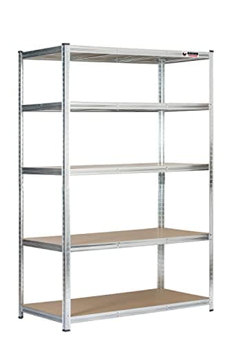 Image of Rhino Racking Heavy-Duty Garage Shelving unit – 5-Tier Steel Storage Shelves, Boltless Shelves, Industrial Shelving, Galvanised, 200kg Per-Tier, 180x120x60cm