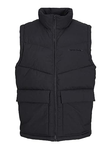 Image of JACK & JONES Mens Puffer Gilet Full Zip Stand up Bodywarmer Quilted Collar Sleeveless Jackets for Men, Black Colour, Size- XL