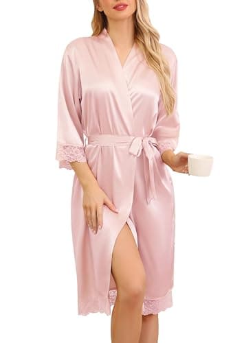 Image of Sopesil Women's Satin Dressing Gowns Lightweight Ladies Kimono Morning Robes for Women Bridal Lace Soft Sleepwear Loungewear, Pink, S