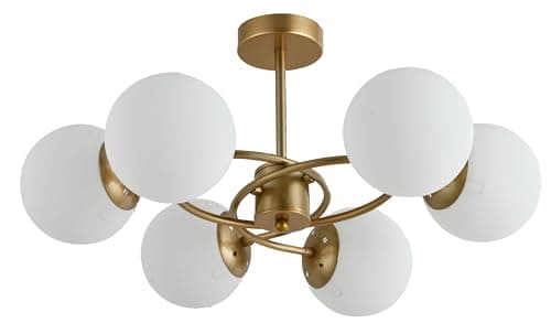 Image of TEKLED Modern 6 Light Opla Glass Globe Sputnik Chandelier Gold Crescent Metal Semi Flush Mount Close to Ceiling Light | E27 Bulb Base | for Kitchen Island Living Bedroom Hallway (Bulb not Included)