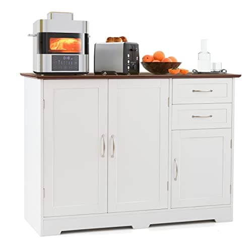 Image of GiantexUK Buffet Sideboard, Wooden Storage Cabinet with Adjustable Shelf, 2 Drawers and 3 Doors, Freestanding Kitchen Cupboard for Living Room Dining Room Hallway (White + Brown, 100 x 40 x 78cm)