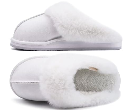 Image of KuaiLu Womens Plush Slippers Ladies Cozy Memory Foam Mule Winter Slippers Slip on Best Arch Support Slider Slippers with Non-Slip Indoor Outdoor Light Hard Sole White Size 5