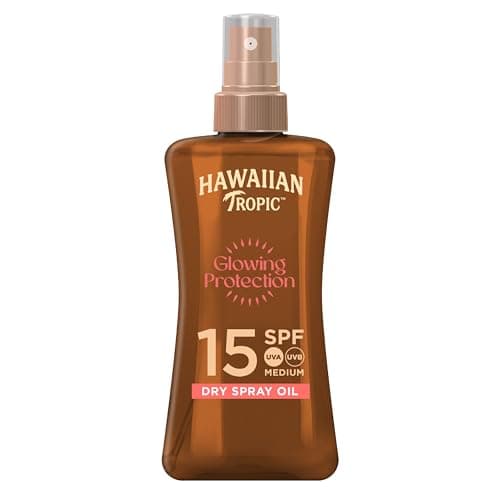 Image of Hawaiian Tropic | Glowing Protection Sunscreen Dry Oil Gel SPF 15 UVA + UVB Protection, 200 ml, Tropical Scent with Coconut Oil, Water Resistant, Vegan