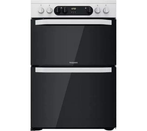 Image of HDM67V9CMW 60cm Double Oven Electric Cooker with Ceramic Hob, Multifunction Main Oven, Fan Cooking, Easy Clean, White, Freestanding Electric Cooker