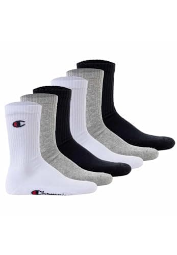 Image of Champion Unisex Basics 6pk Crew Sports Socks, Dark Blue/White/Light Grey Melange, 9 UK