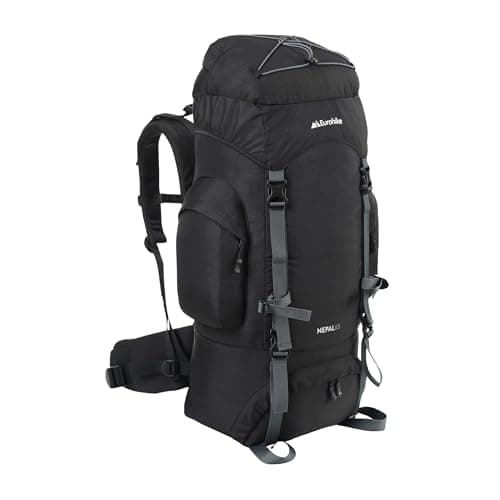 Image of Eurohike Nepal 65 Litre Rucksack with Ventilated Back Panel & Padded Harness, 65L Backpack, Bag for Men & Women, Adjustable, Lightweight, Camping, Hiking, Trekking, Travelling, Outdoors, Black