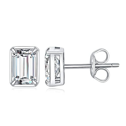 Image of JewelryPalace Emerald Cut 1ct Cubic Zirconia Solitaire Stud Earrings for Women, Sterling Silver, 14k White Gold Plated, Classic Simulated Diamond Earrings