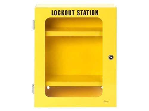 Image of The Workplace Depot Lockout Storage Cabinet – High-Visibility Yellow Powder-Coated Steel Slim Wall-Mount Lock Station with Perspex Window, Industrial Padlock & Tag Organiser
