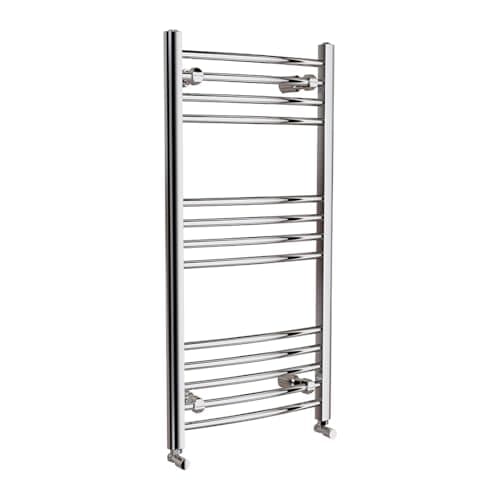 Image of iBathUK Zypher Curved Wall Mounted Heated Towel Rail, 13 Column Steel High Thermal Output Hydronic Central Heating, Round Curved Designer Towel Radiator in Chrome, 1000×500mm