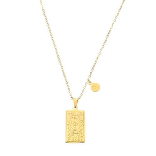 Image of sourcing map Tarot Zodiac Sign Necklace, Titanium Steel Tarot Card Pisces Necklaces for Women Men, Gold