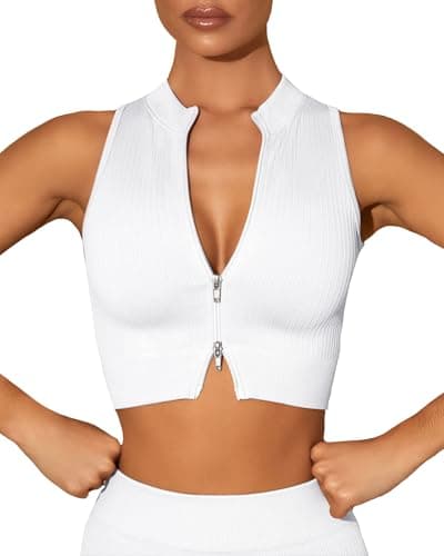Image of SEAUR Women's Sports Crop Top Fitness Closure Tank Top Tight Short Seamless Ribbed Gym Workout S-L, white, S