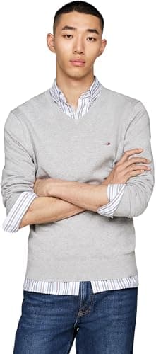 Image of Tommy Hilfiger Men’s Essential Cotton V-Neck Jumper, Grey (Light Grey Heather), L