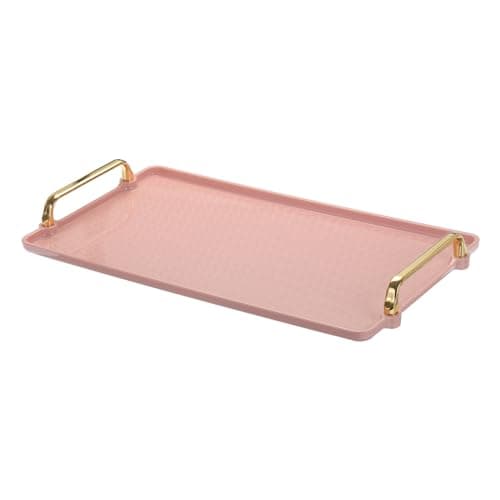 Image of PATIKIL Plastic Serving Tray with Golden Handle, 16.1" x 8.7" Modern Rectangular Decorative Tray Reusable Jewelry Platter for Countertop Bathroom Kitchen, Pink
