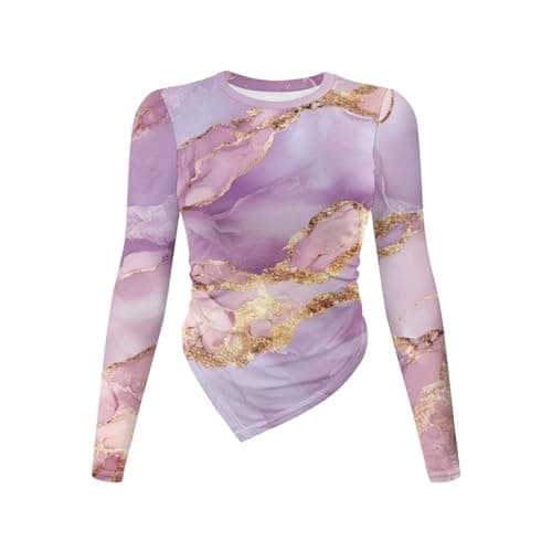 Image of ZIATUBLES Base Shirts Women Long Sleeve Slim Fitted Tops Casual Tee Round Neck Clothing Pink Marble Texture Print T-Shirts Soft Tee with Irregular Hem for Sping Summer, L
